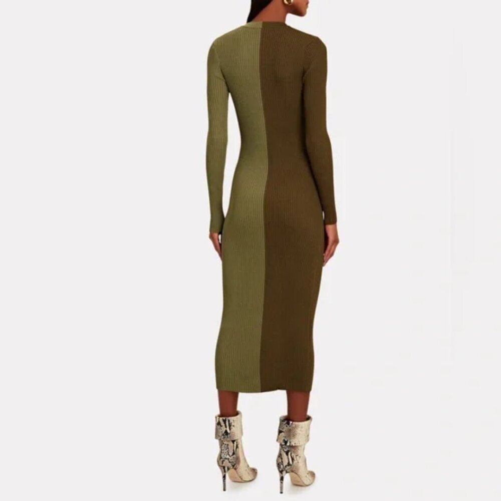STAUD Shoko Olive & Green Ribbed Long Sleeve Knit Sweater Midi Dress S - Picture 2 of 8